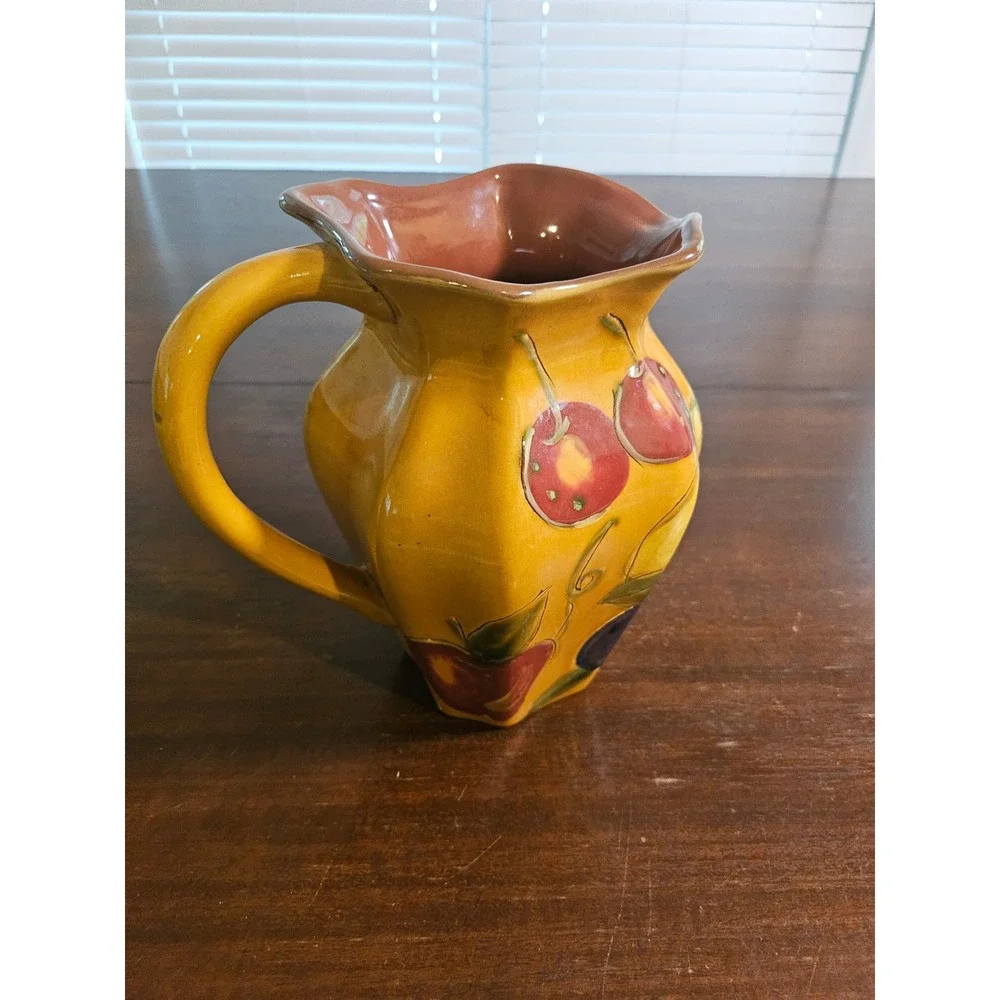 C.Kao Fruit Pitcher Home Decor Yellow Hand Painted Ceramic Grapes Cherries Pears